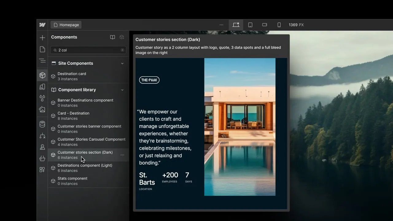 Webflow Component Previews — live preview of a customer stories component in the designer
