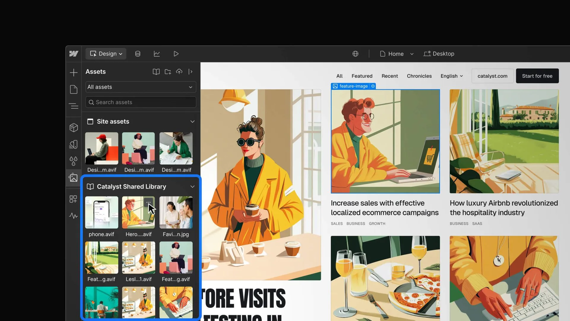 Webflow Assets Panel showing a shared component library and canvas using those assets